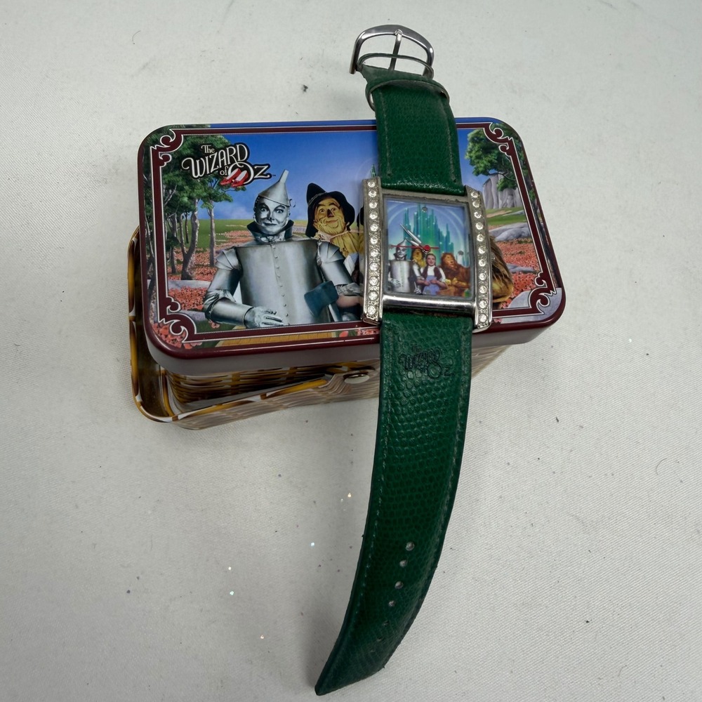 Wizard of Oz Watch Green Leather Strap Rhinestone Emerald City Tin 2008